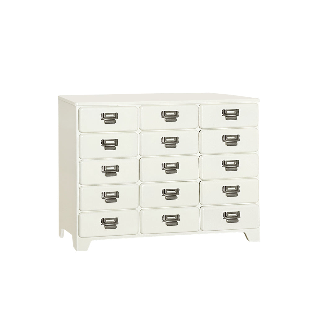 Off-white 1:6 scale metal drawer chest with 15 openable drawers for dollhouse storage