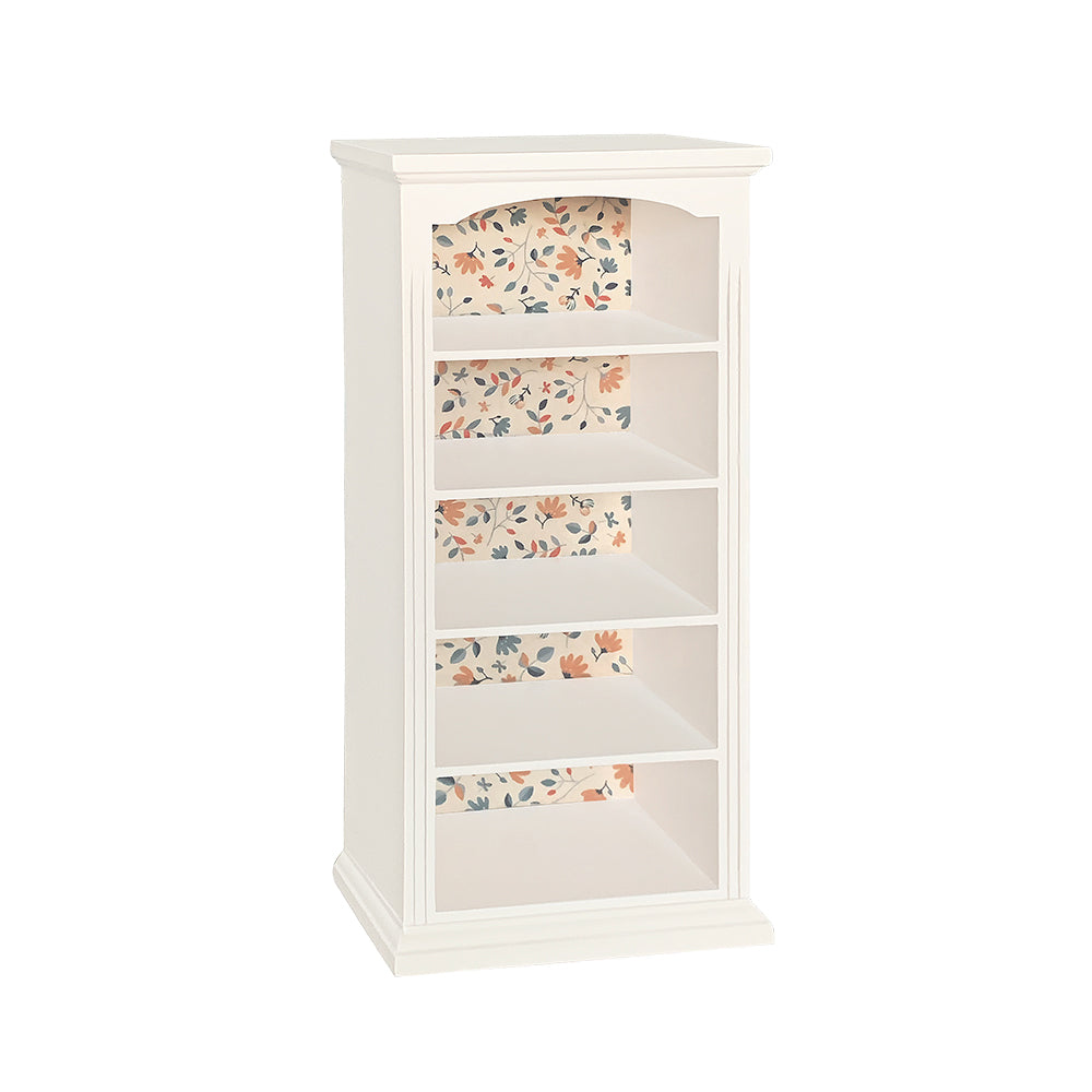 Off-white 1:6 scale wooden bookcase and display shelf with floral back panel for dollhouse rooms