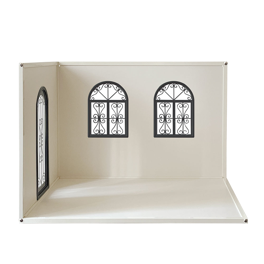 1:6 scale right-opening two-wall dollhouse roombox with white metal windows and arched door