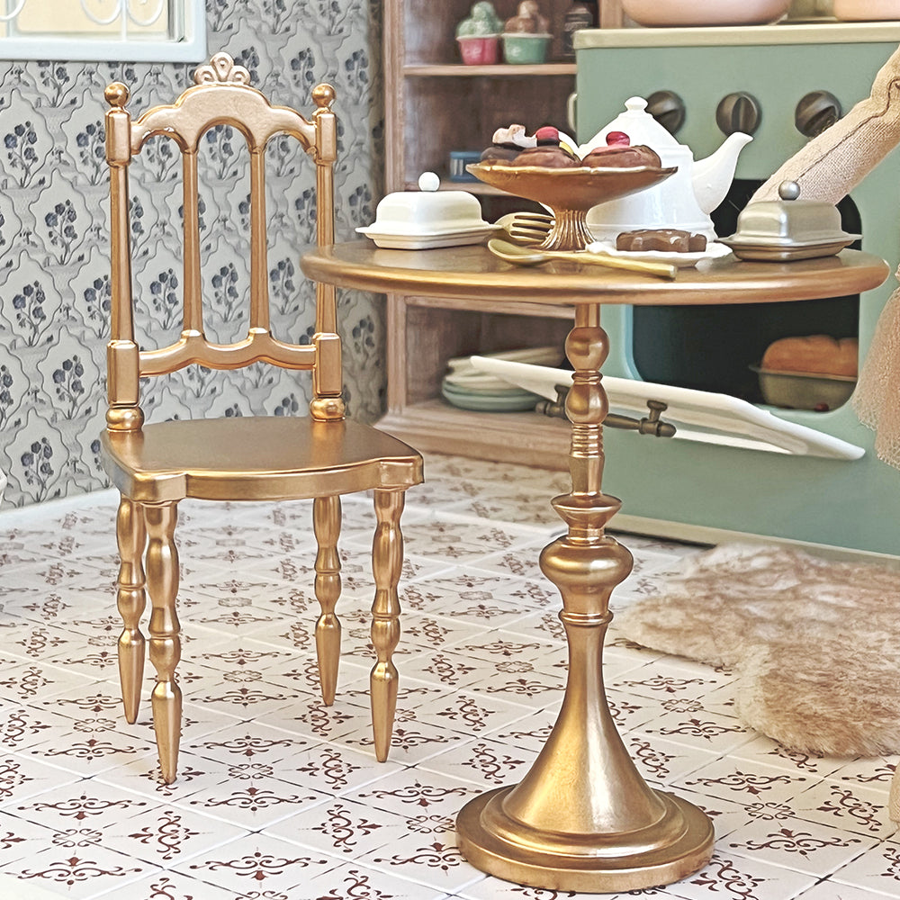 Gold metal miniature chair for Barbie-scale balcony, patio and cafe roomboxes