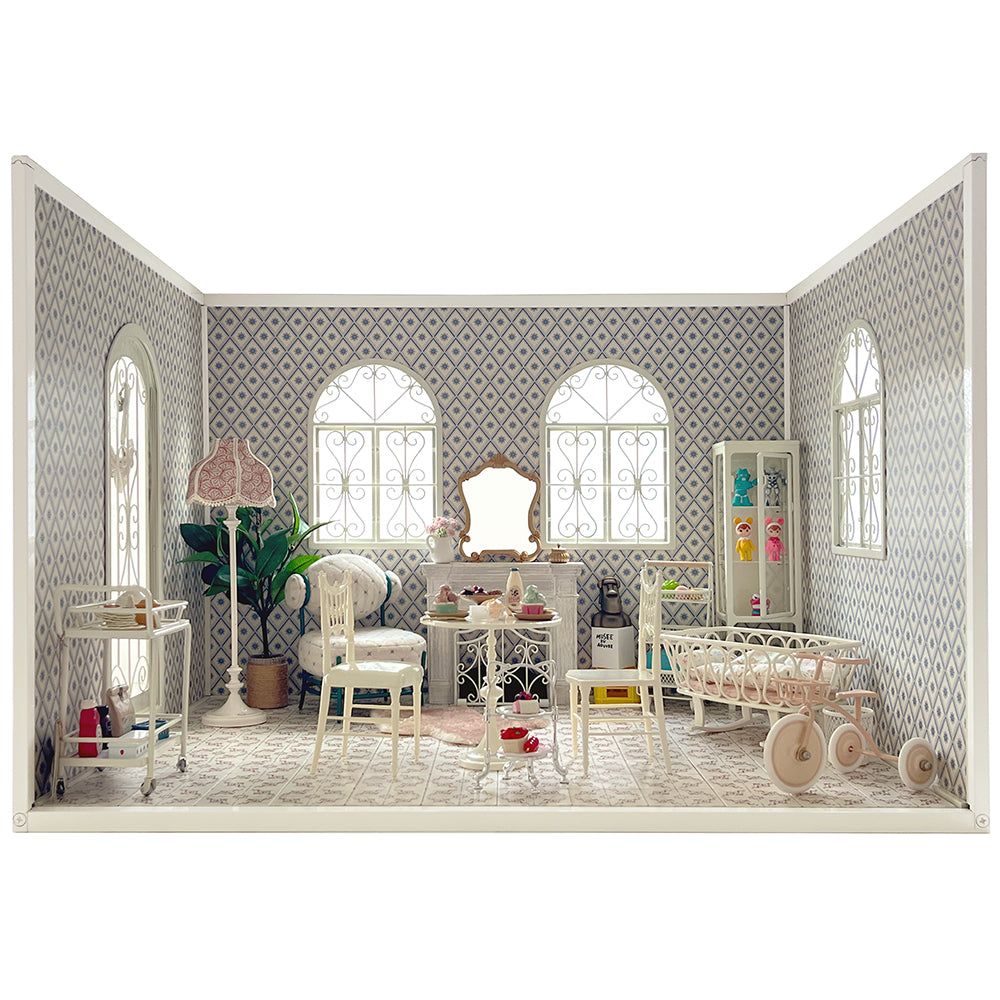 Furnished 1:6 dollhouse roombox styled as a bedroom, nursery and living-room display