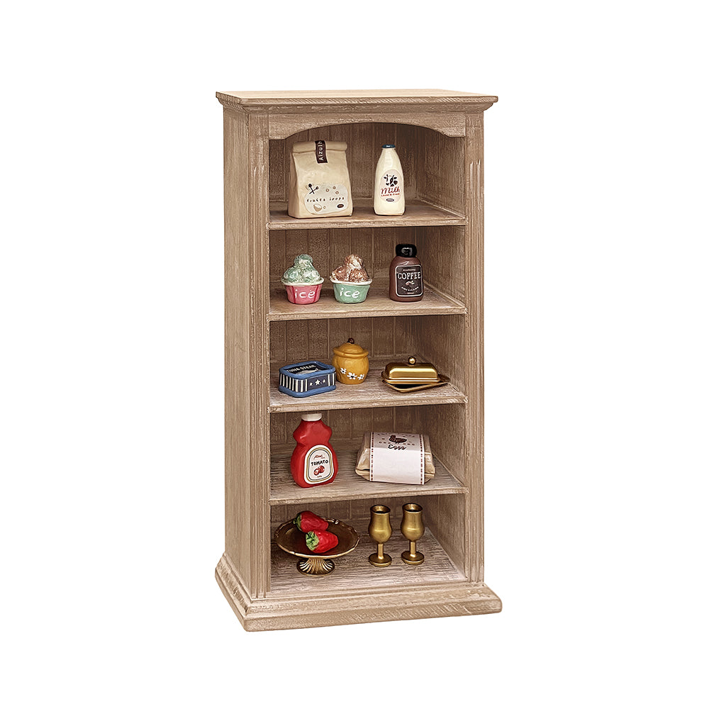 Vintage wooden dollhouse display shelf styled with Re-Ment food props, coffee jars and tiny dishes