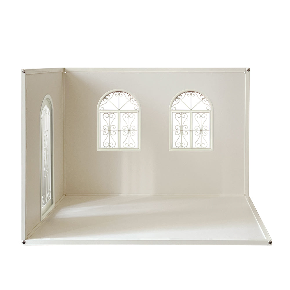 1:6 scale right-opening two-wall dollhouse roombox with black metal windows and arched door