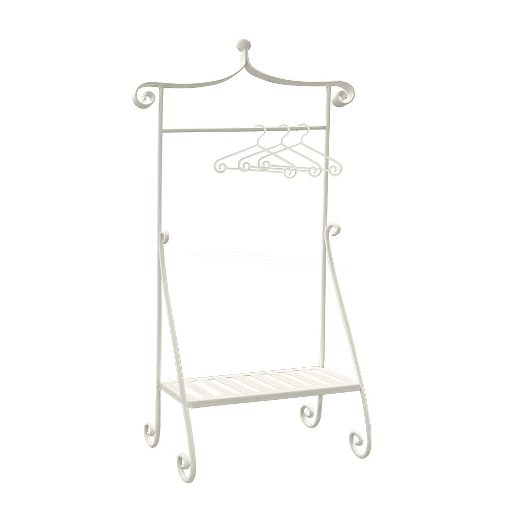 Off-white 1:6 scale dollhouse clothes rack with 3 hangers for Barbie-scale wardrobe scenes