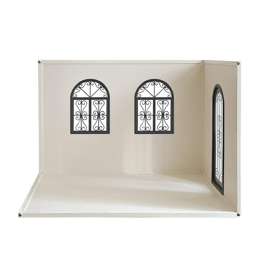 1:6 scale left-opening two-wall dollhouse roombox with white metal windows and arched door