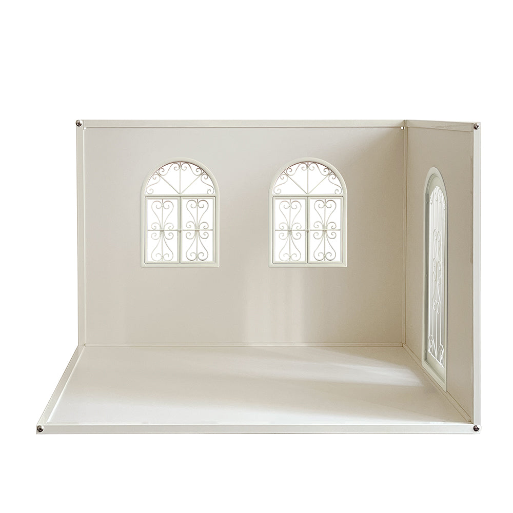 1:6 scale left-opening two-wall dollhouse roombox with black metal windows and arched door