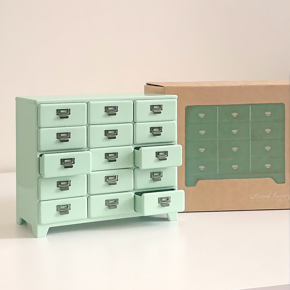 Mint metal dollhouse drawer chest with open drawers and Aizulhomey packaging