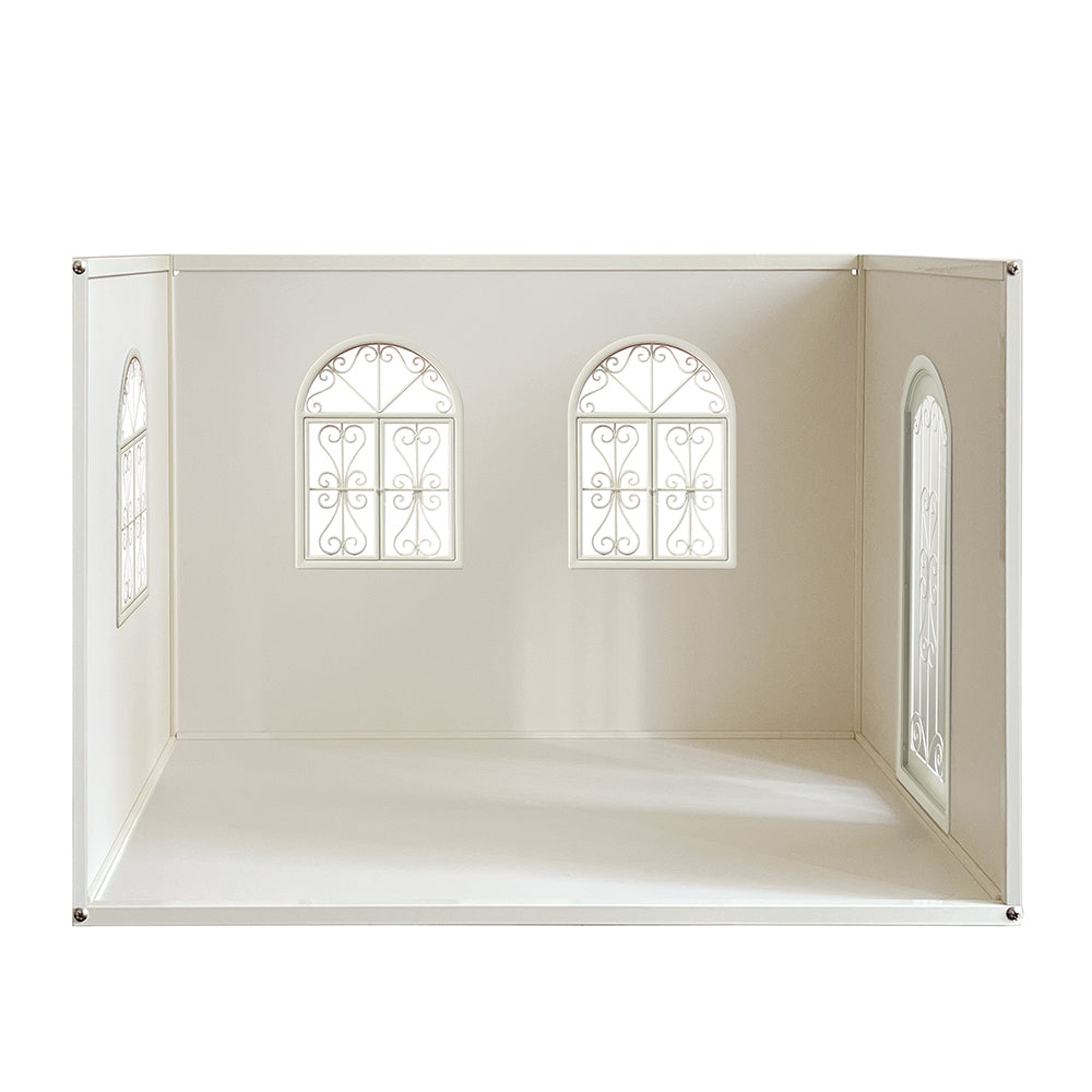 1:6 scale three-wall dollhouse roombox with white metal windows and arched door