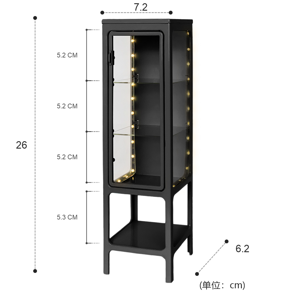 Dimension chart for black 1:6 scale LED dollhouse display cabinet, 7.2 x 6.5 x 26 cm