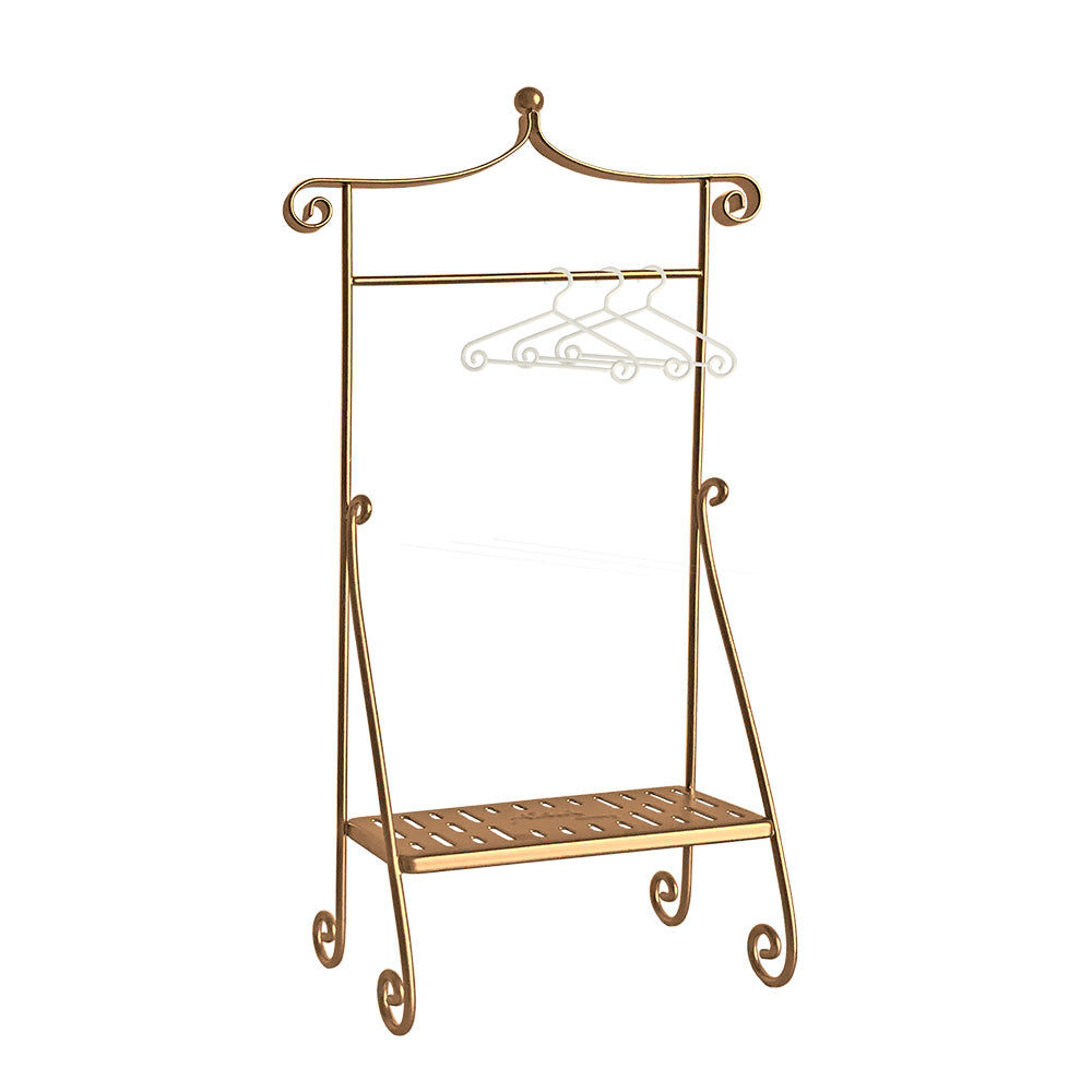 Gold 1:6 scale dollhouse clothes rack with 3 hangers for Barbie-scale wardrobe scenes
