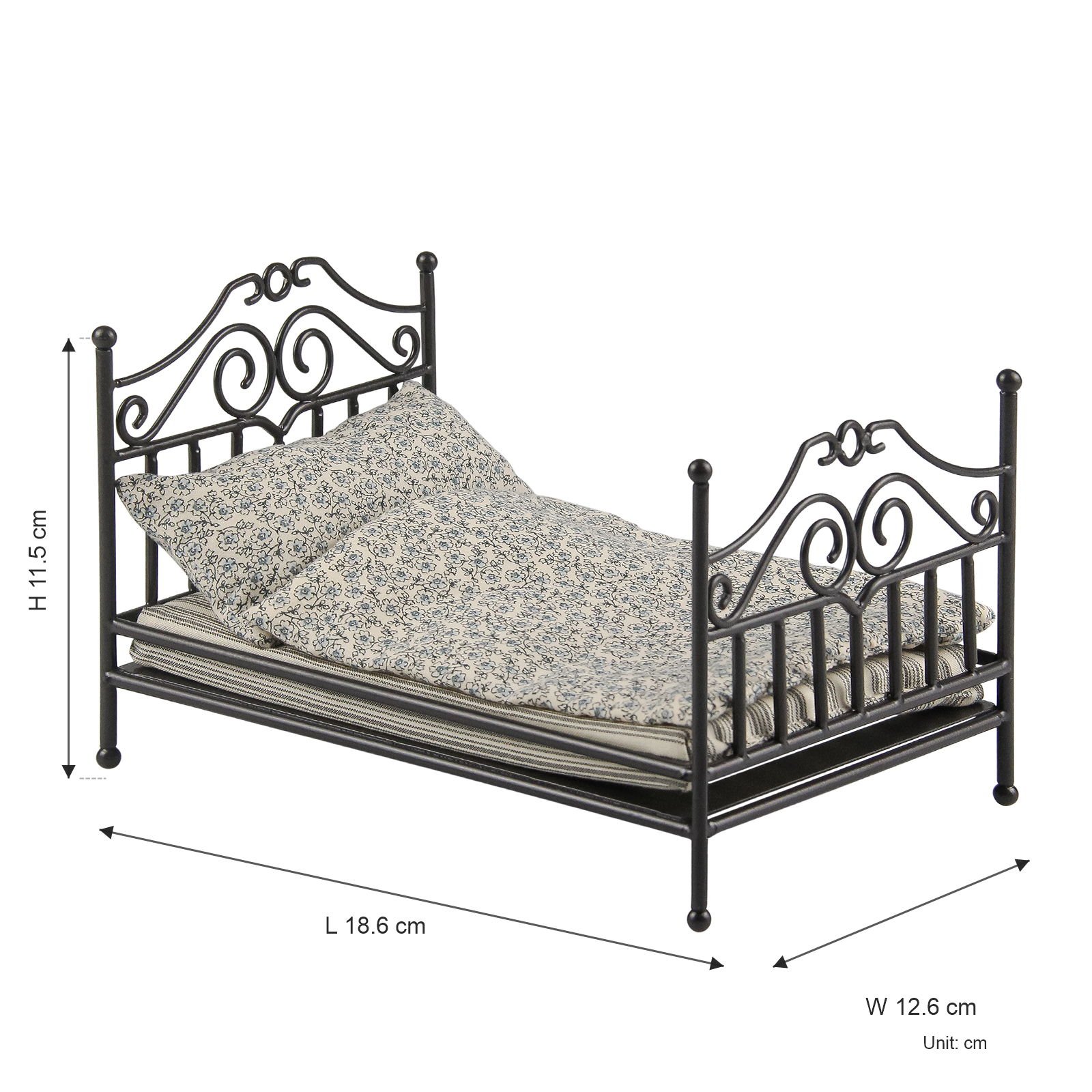 Black 1:12 scale Princess Antique Bed size chart showing 18.6 x 12.6 x 11.5 cm dimensions