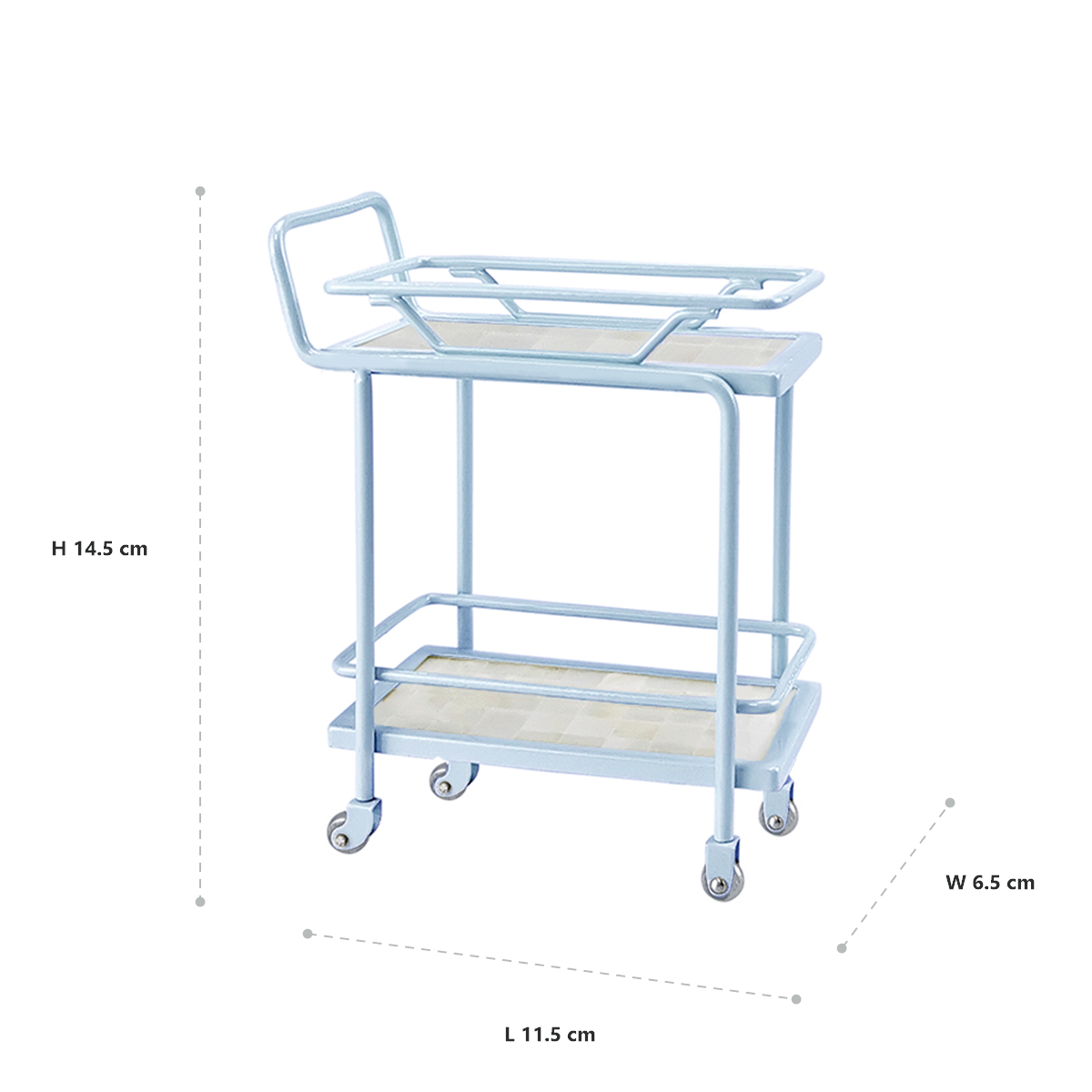 Muted blue 1:6 metal serving trolley dimension chart showing L 10.2 × W 6.4 × H 14.3 cm and L 4.02 × W 2.52 × H 5.63 in