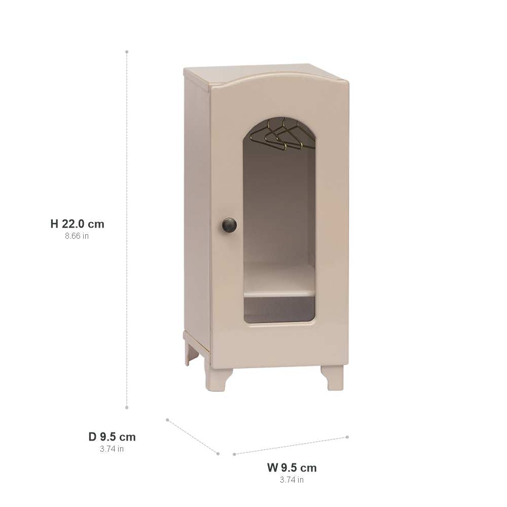Milk tea beige 1:12 mini wardrobe dimension chart showing W 9.5 cm, D 9.5 cm and H 22.0 cm with inch conversions