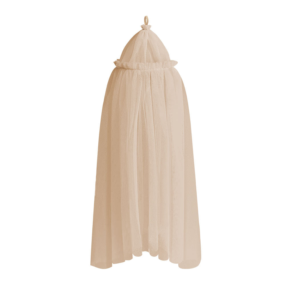 Light brown 1:6 scale LED dollhouse bed canopy with round dome and sheer fabric curtain