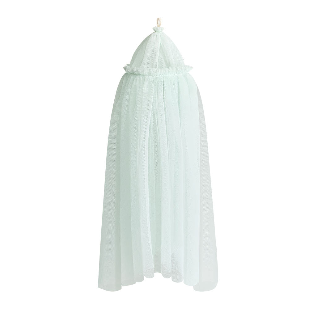 Mint green round dome dollhouse bed canopy with soft mesh fabric on white background