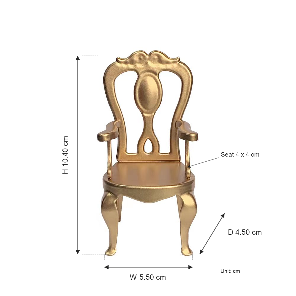 Gold 1:12 scale Princess Chair size chart showing 5.5 x 4.5 x 10.4 cm dimensions and 4 x 4 cm seat