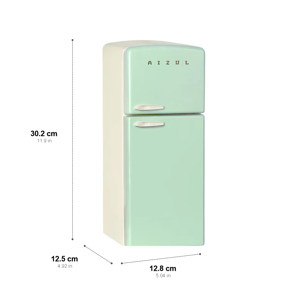 Mint green 1:6 dollhouse refrigerator dimension chart showing 30.2 cm height, 12.8 cm width and 12.5 cm depth