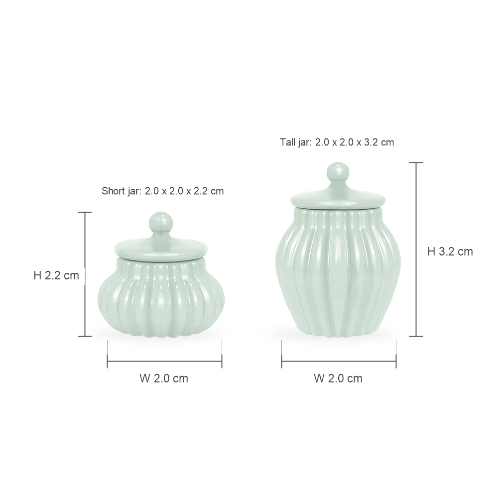 Dimension chart for mint green 2-piece lidded jar set showing short jar 2.0 x 2.0 x 2.2 cm and tall jar 2.0 x 2.0 x 3.2 cm