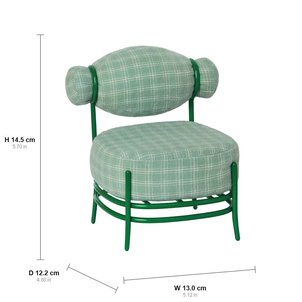 Dimension chart for green checkered 1:6 scale candy sofa chair showing W 13.0 cm, D 12.2 cm and H 14.5 cm