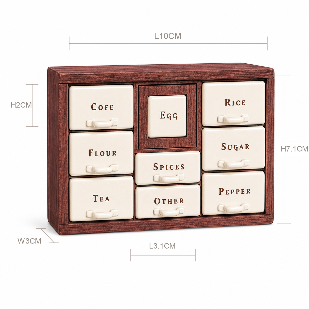 Red Bean 1:6 dollhouse spice cabinet dimension chart showing 10 x 3 x 7.1 cm size