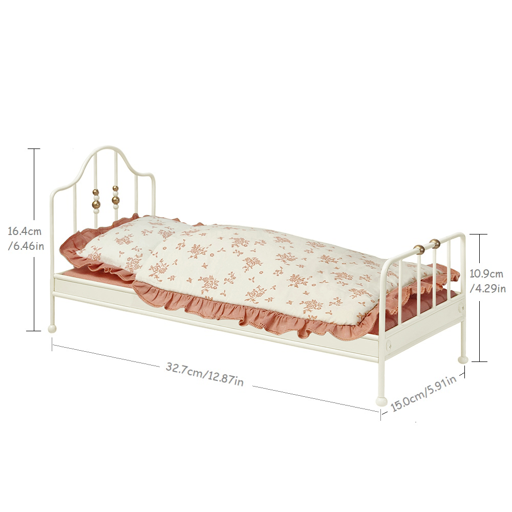 1:6 metal dollhouse single bed dimension chart showing 32.7 x 15 x 16.4 cm size