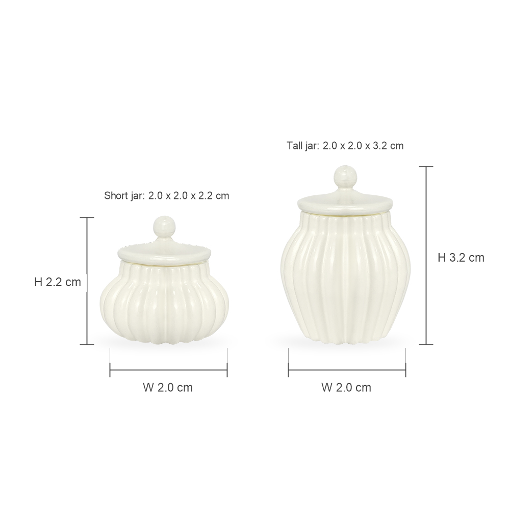 Dimension chart for white 2-piece lidded jar set showing short jar 2.0 x 2.0 x 2.2 cm and tall jar 2.0 x 2.0 x 3.2 cm