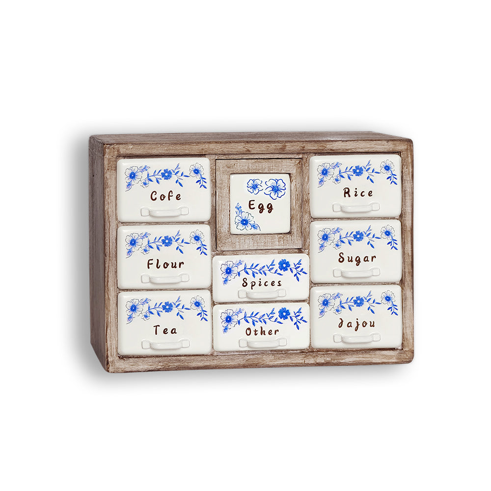 Vintage Spice Cabinet - Antler Brown 1:6 handmade dollhouse spice cabinet with blue floral labeled drawers