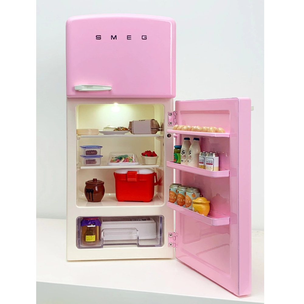 Refrigerator Dollhouse - Barbie Pink&White 1/6 Scale Dollhouse Miniature - 1:6 scale miniature refrigerator in metal, view 2