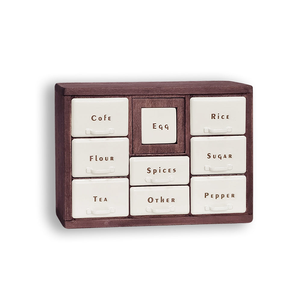 Vintage Spice Cabinet - Red Bean Color 1:6 handmade dollhouse spice cabinet with cream labeled drawers