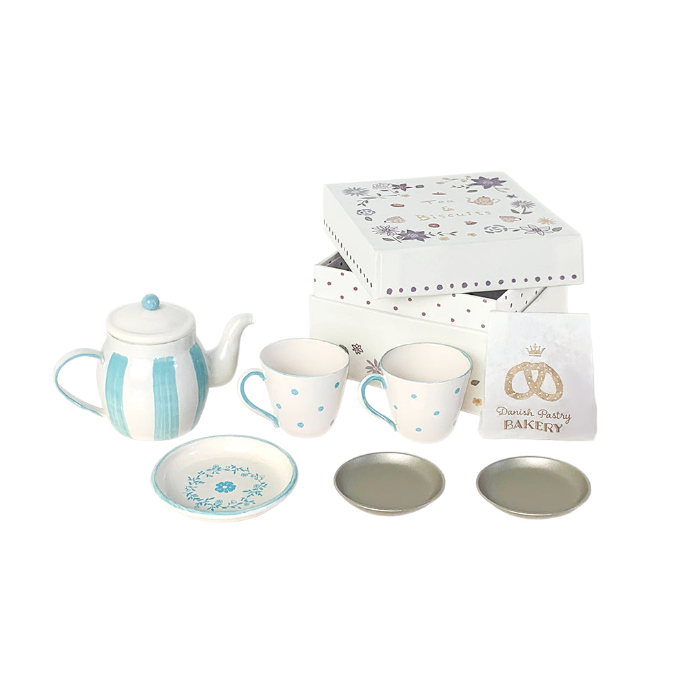 Tea Pot Set 7 Pcs Dollhouse - Aqua 1/6 Scale Dollhouse Miniature - 1:6 scale dollhouse miniature in metal, polyresin