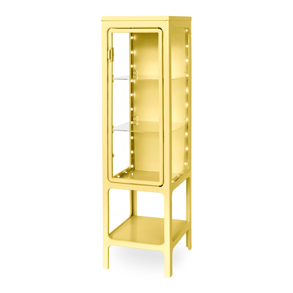 Yellow 1:6 scale LED dollhouse display cabinet with metal frame and acrylic panels