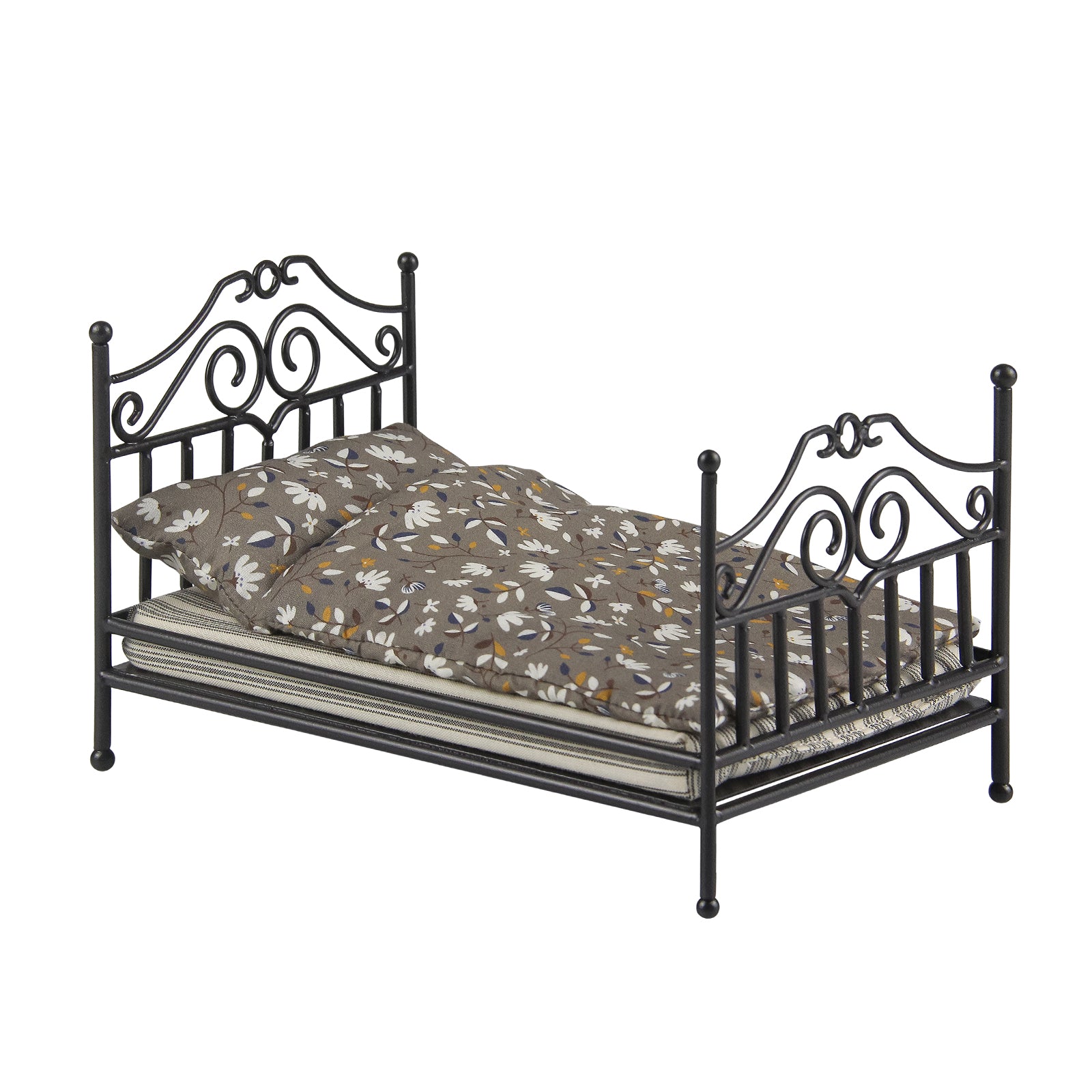 Black 1:12 scale dollhouse antique bed with gray-brown floral bedding, Black No. 2 style