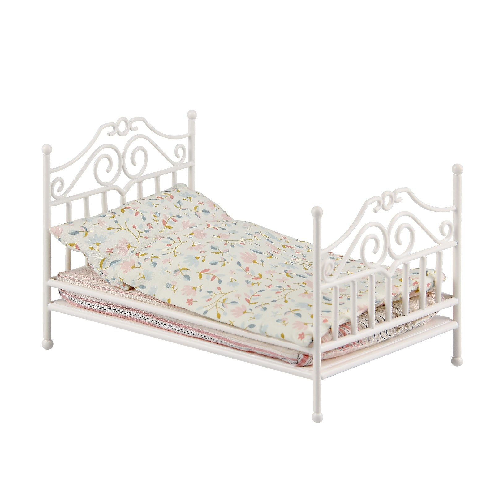 White 1:12 scale hand-bent iron wire dollhouse antique bed with floral bedding