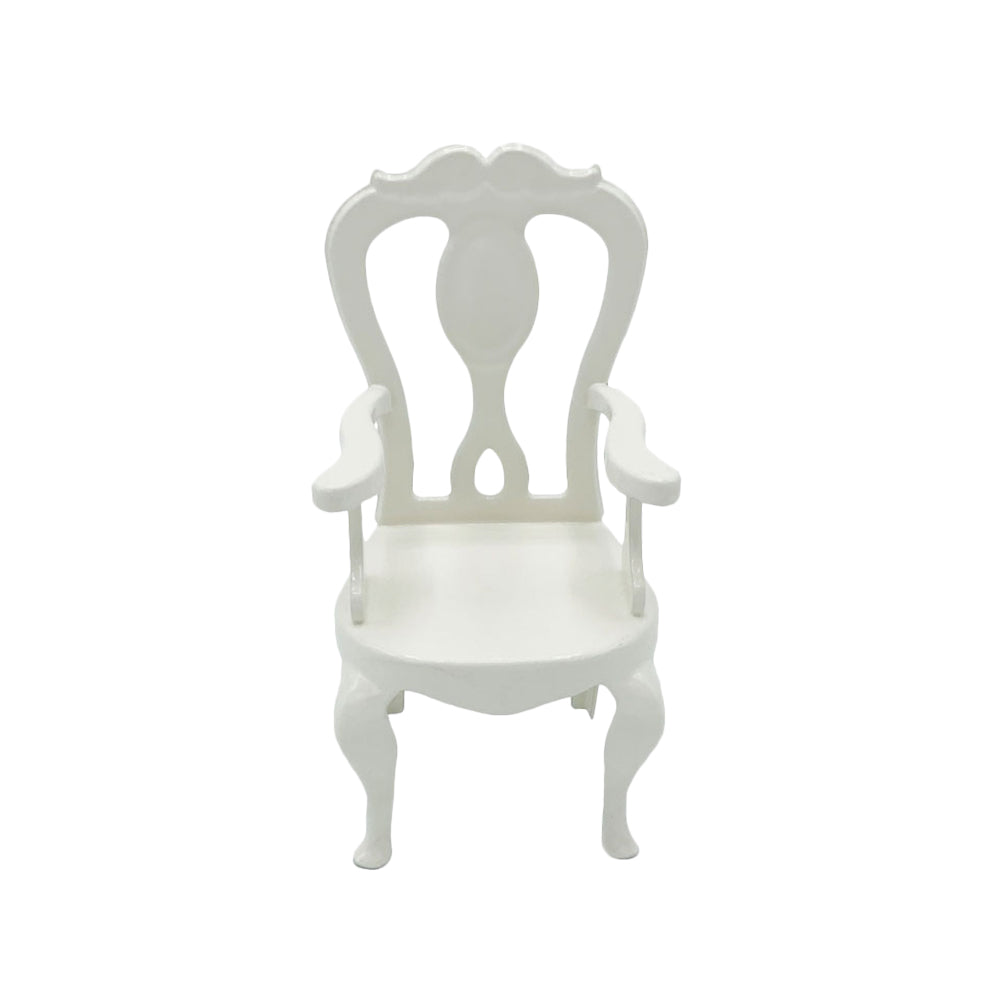 White 1:12 scale metal Princess Chair for dollhouse dining rooms and miniature room boxes