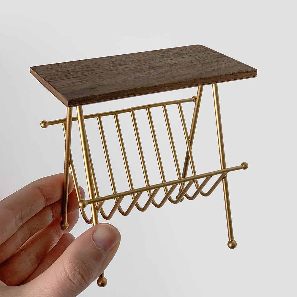 Side Table Dollhouse - Walnut 1/6 Scale Dollhouse Miniature - 1:6 scale dollhouse miniature in metal, wood, view 2