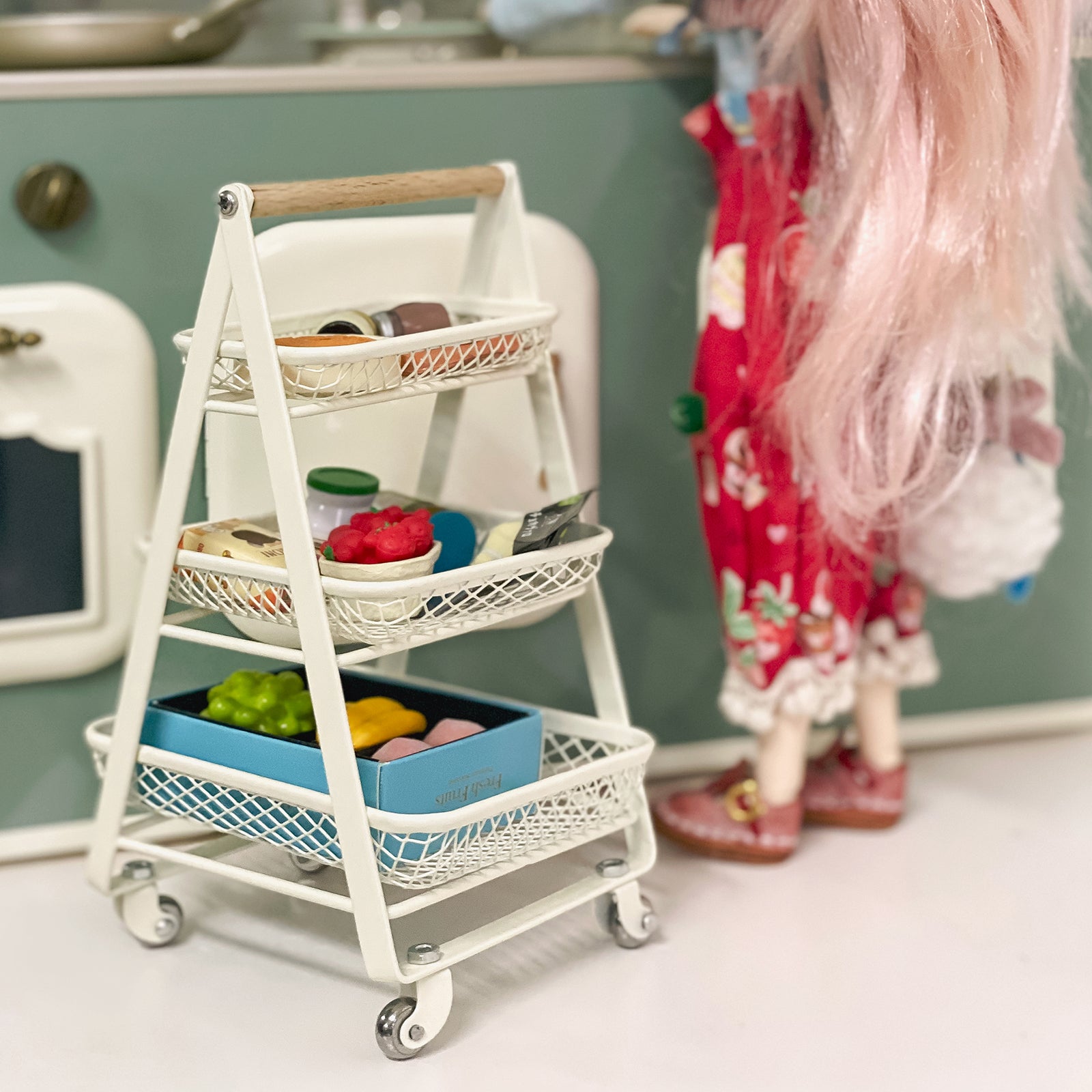 Triple Trolley Dollhouse - Milk White 1/6 Scale Dollhouse Miniature - 1:6 scale miniature trolley in metal, wood, view 2
