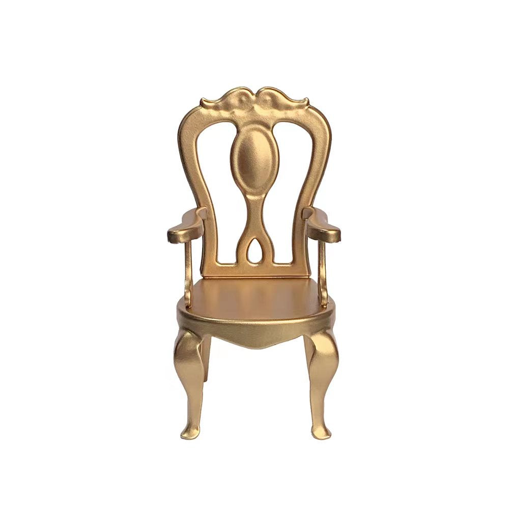 Gold 1:12 scale metal Princess Chair for dollhouse dining rooms and miniature room boxes