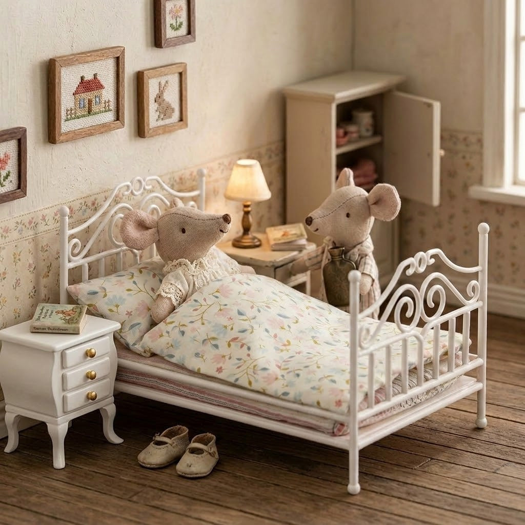 White dollhouse antique bed styled in a Maileg Micro-style mouse bedroom with lamp and wall art
