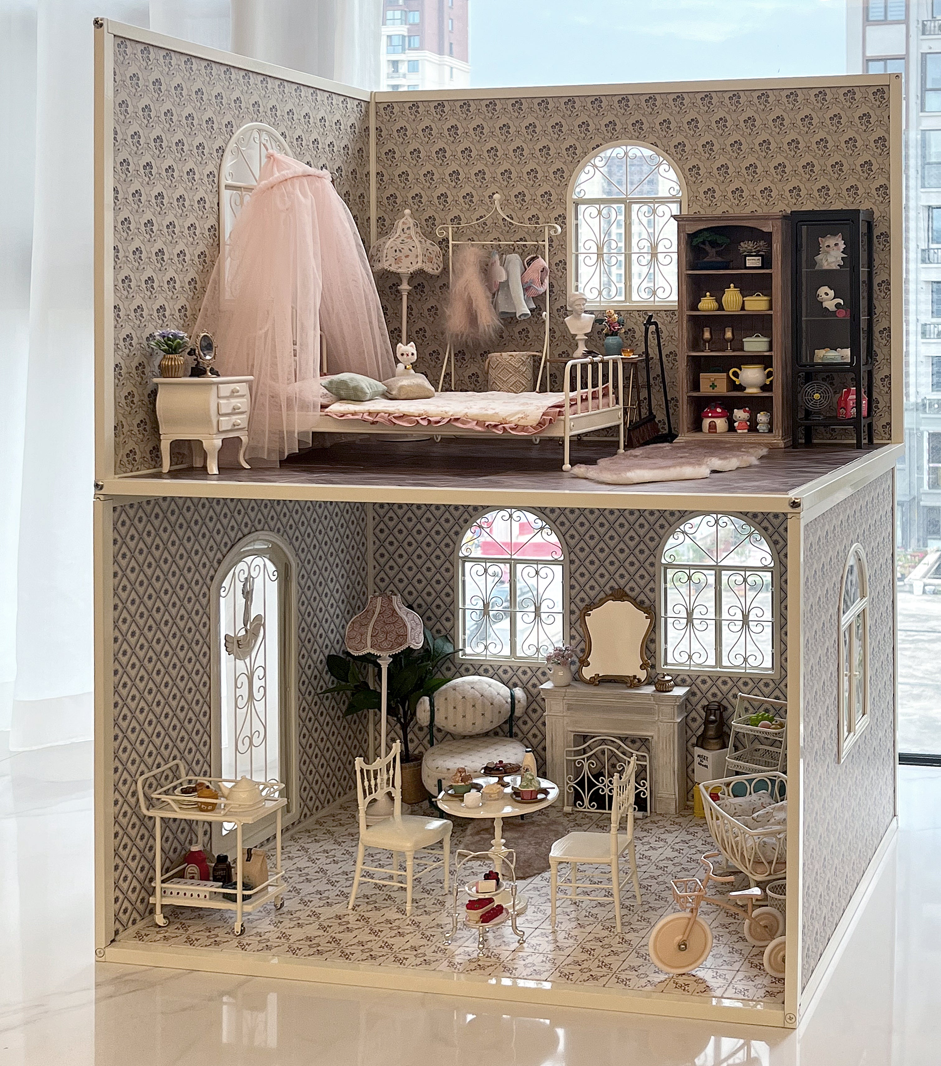 Modular 1:6 dollhouse roombox set styled for stacked and side-by-side room layouts