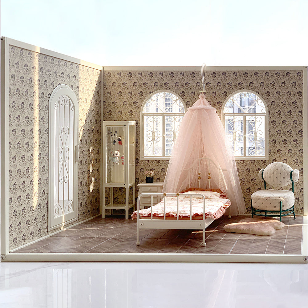 Modular 1:6 dollhouse roombox set arranged for connected room layouts