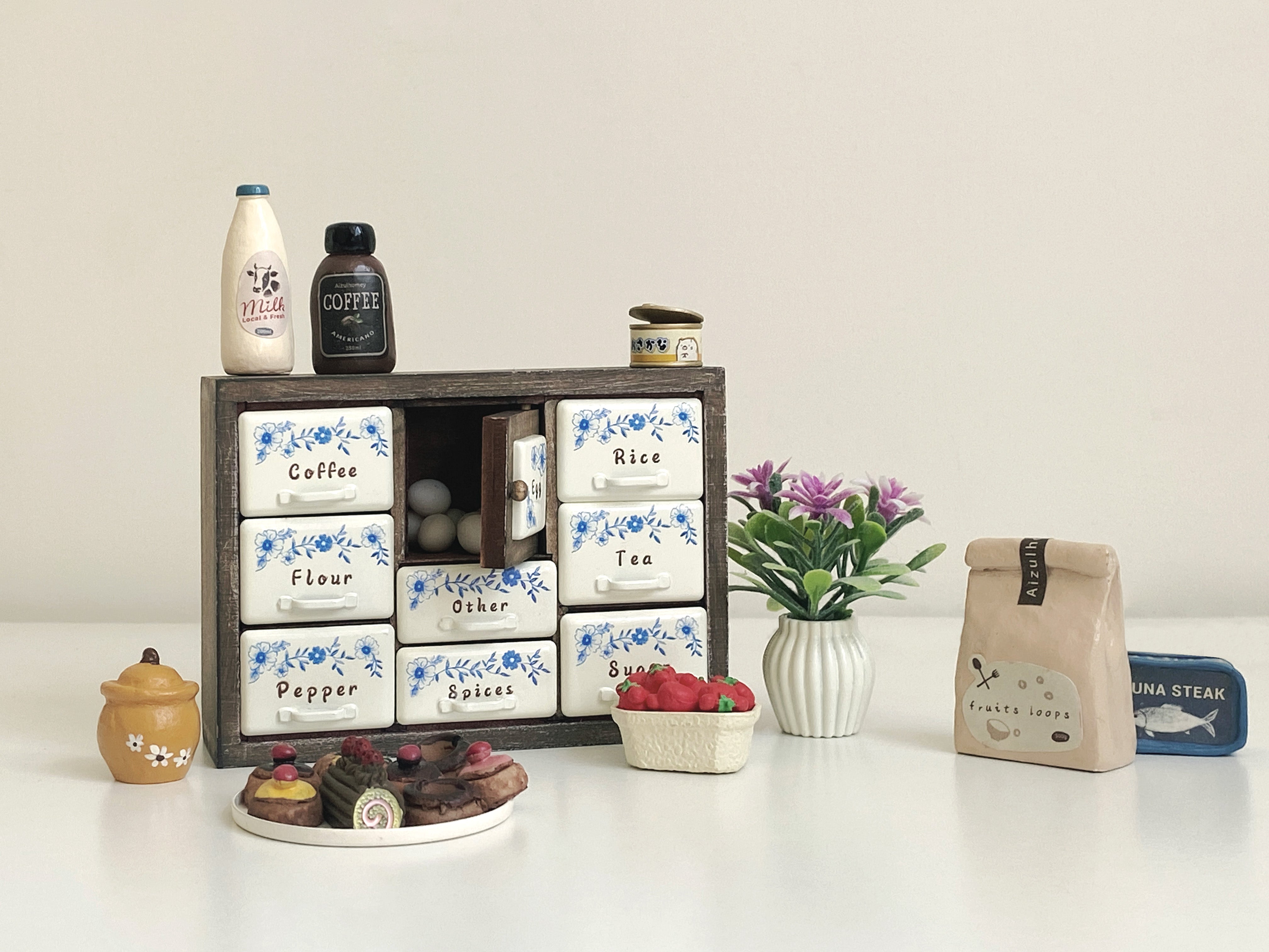Antler Brown miniature spice cabinet with open center Egg door and tiny food props
