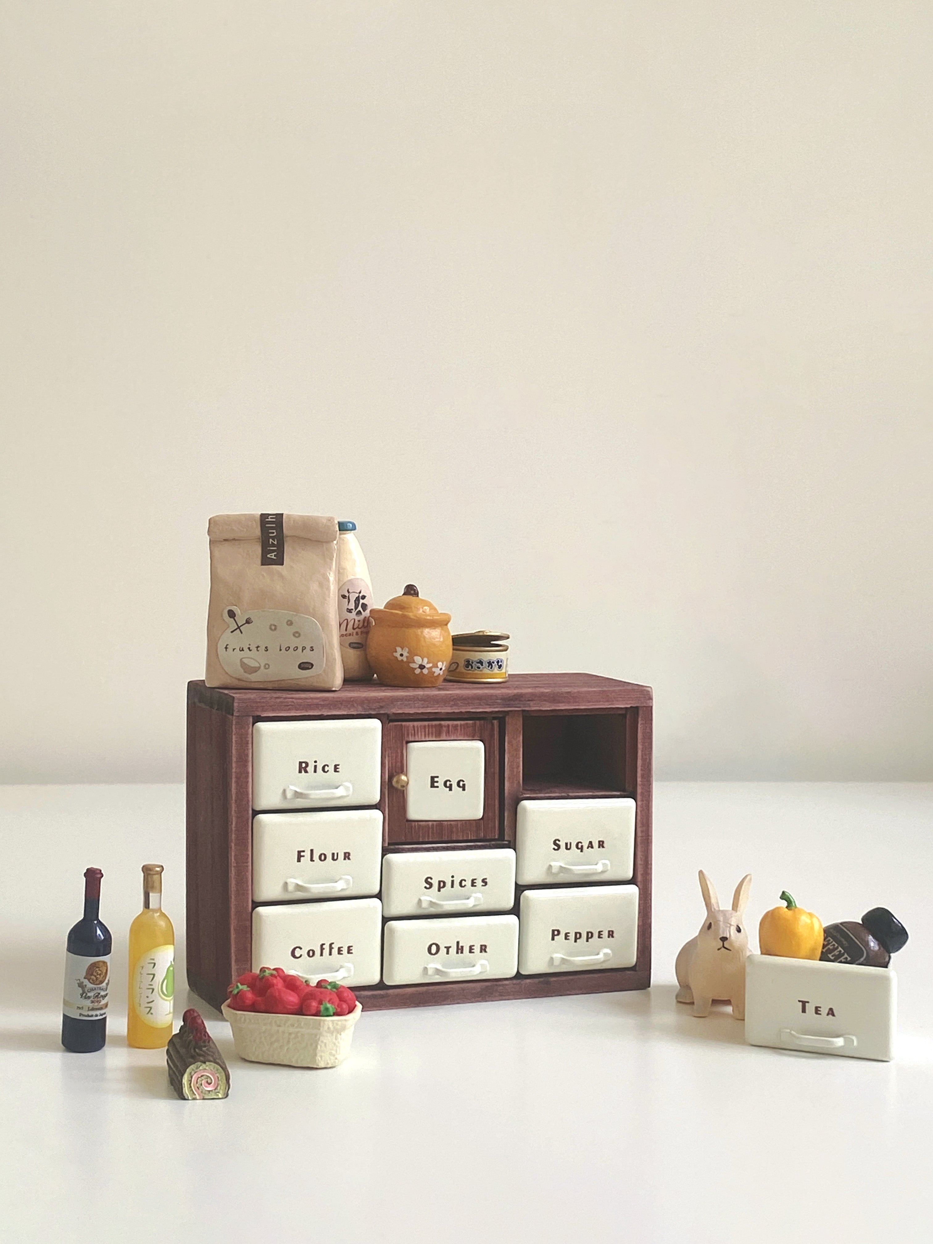 Red Bean spice cabinet kitchen scene with removable Tea drawer and miniature food props
