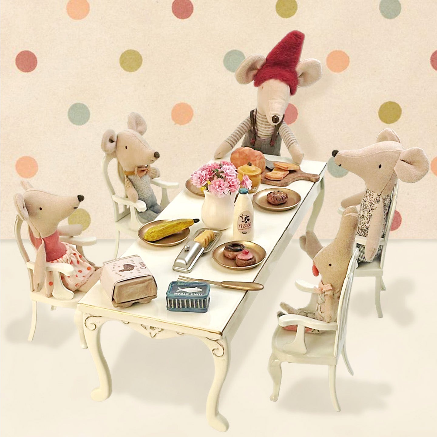 White Princess Chairs used in a Maileg mice-style tea party with white Retro Long Table and miniature food
