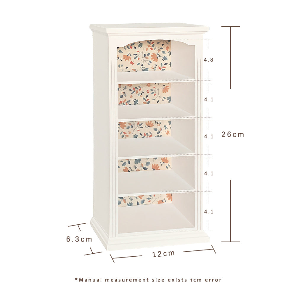 1:6 scale wooden bookcase size guide showing 12 x 6.3 x 26 cm dimensions and shelf heights