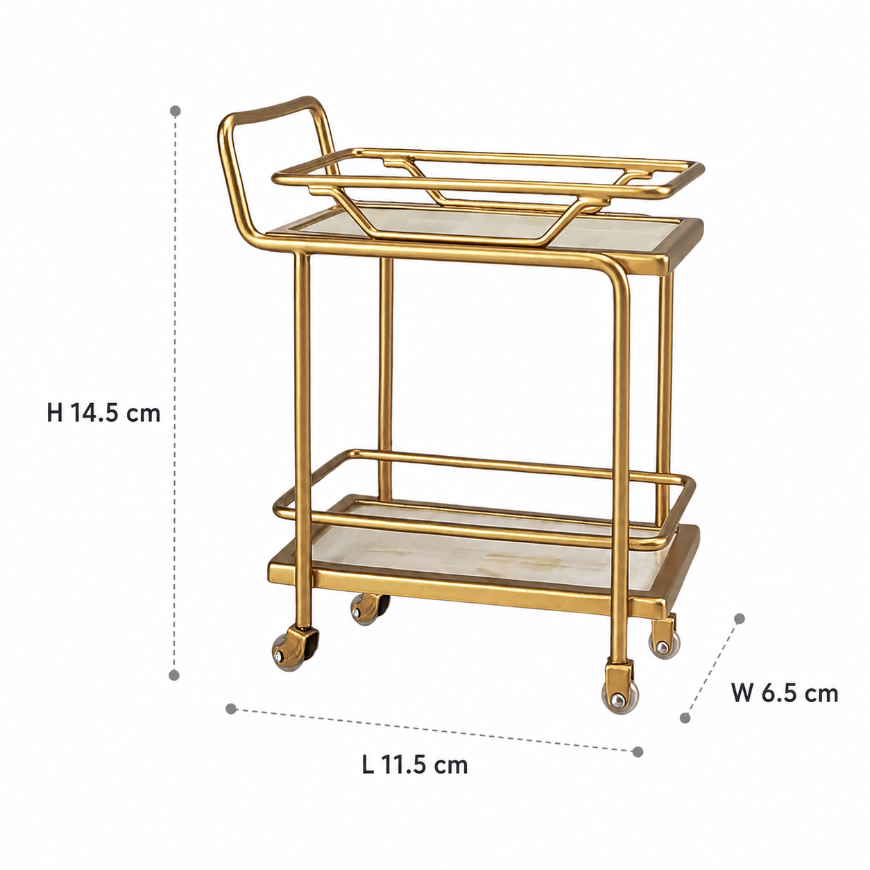 Gold 1:6 metal serving trolley dimension chart showing L 11.5 × W 6.5 × H 14.5 cm and L 4.53 × W 2.56 × H 5.71 in
