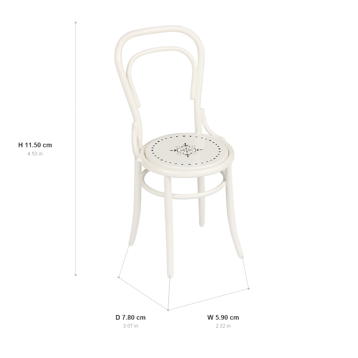 White 1:12 C-back garden chair dimension chart showing W 5.90 cm, D 7.80 cm and H 11.50 cm with inch conversions