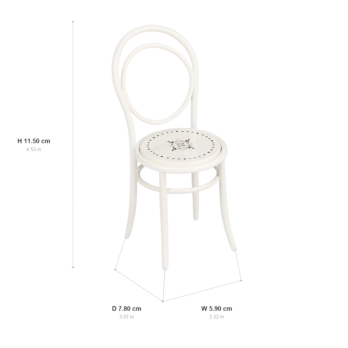 White 1:12 O-back garden chair dimension chart showing W 5.90 cm, D 7.80 cm and H 11.50 cm with inch conversions