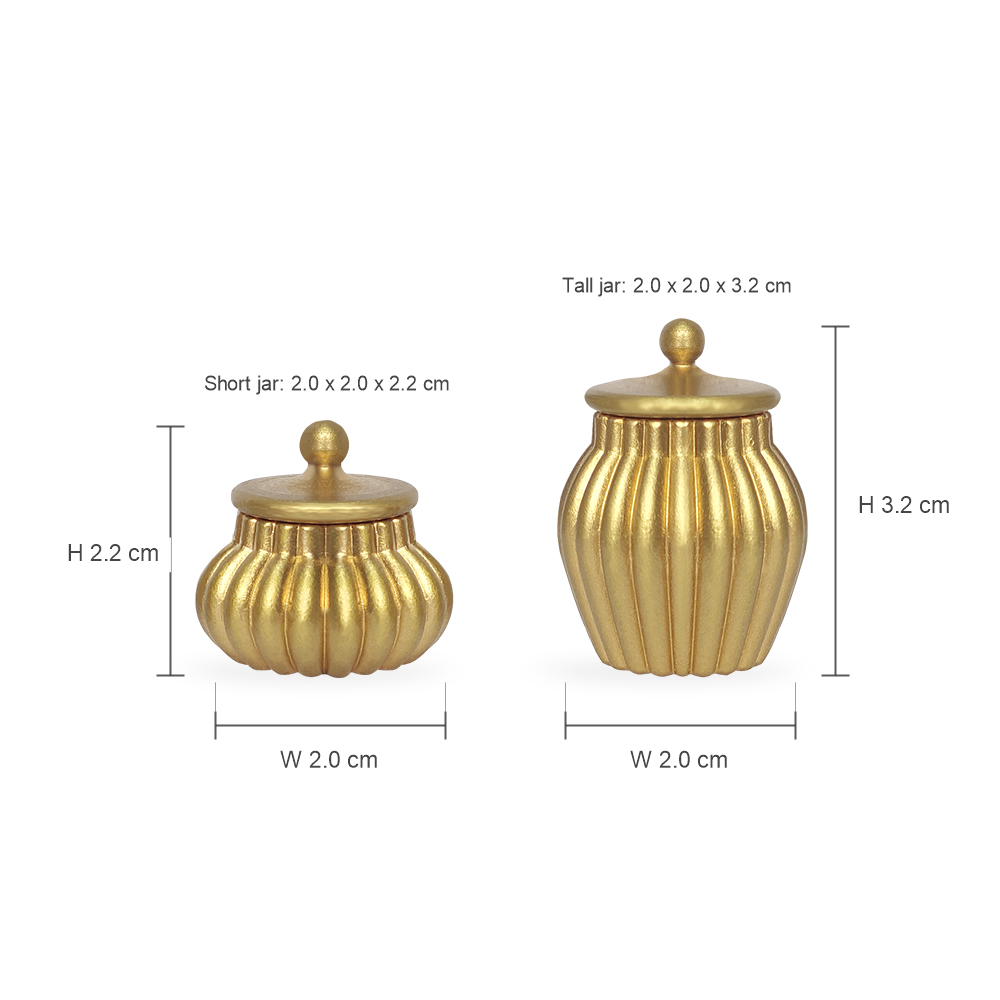 Dimension chart for gold 2-piece lidded jar set showing short jar 2.0 x 2.0 x 2.2 cm and tall jar 2.0 x 2.0 x 3.2 cm