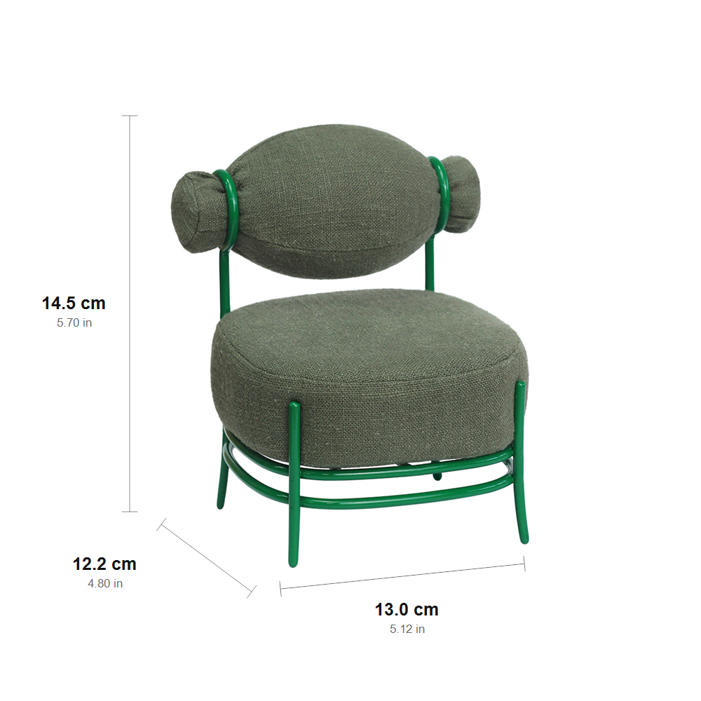Dimension chart for green 1:6 scale candy sofa chair showing 12.2 × 13.0 × 14.5 cm / 4.80 × 5.12 × 5.70 in.
