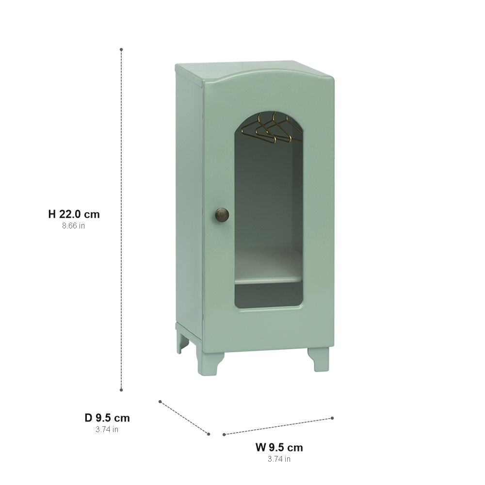 Light green 1:12 mini wardrobe dimension chart showing W 9.5 cm, D 9.5 cm and H 22.0 cm with inch conversions